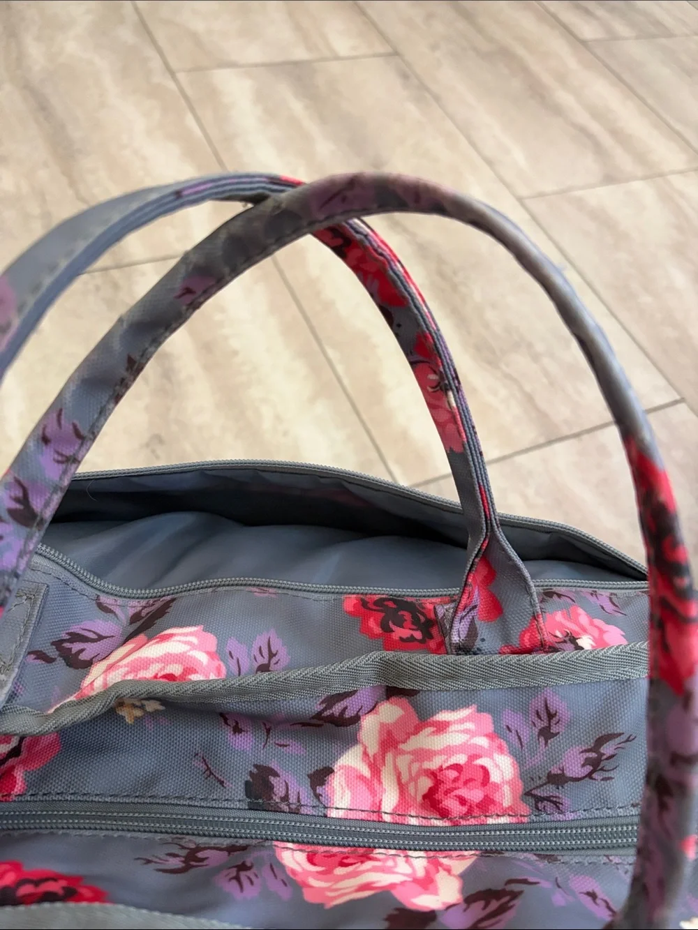 Ranken Floral Gray Baby Bag Tote Diaper a bag with Pink Rose Print